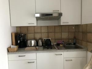eine Küche mit weißen Schränken, einer Spüle und einer Arbeitsplatte in der Unterkunft Ferienwohnung am Weinberg in Randersacker