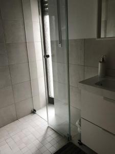 ein Bad mit einer Glasdusche und einem Waschbecken in der Unterkunft Ferienwohnung am Weinberg in Randersacker