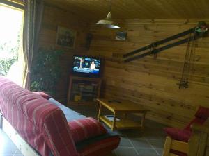 a living room with a couch and a tv at Gîte le Clapier in Theys