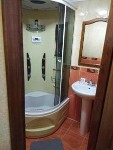 a bathroom with a shower and a sink at Khorol-1 Motel in Khorol