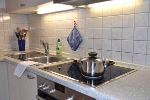 um balcão de cozinha com um lavatório e uma panela no fogão em Ferienwohnungen Budererhof em Bad Wiessee