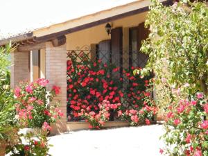 uma janela de uma casa com flores vermelhas e rosas em Agriturismo Casale del Contadino em Bolsena