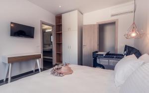 a bedroom with a bed and a desk and a television at DaLuz Villa in Koríthion