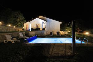 a swimming pool in front of a house at night at Bungalow 4 Suns in Virpazar