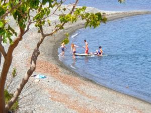 eine Gruppe von Menschen, die am Strand mit einem Surfbrett stehen in der Unterkunft Astrofegia Beachfront Villa in Pomos