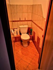 a bathroom with a toilet in a small room at Apartament blisko Świeradowa in Mirsk