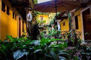 a garden area with umbrellas and plants at Hotel Dainzu in Oaxaca City