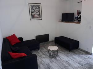 ein Wohnzimmer mit einem Sofa und einem TV in der Unterkunft Gîte du sabotier Lamadon in Saint-Genès-Champanelle