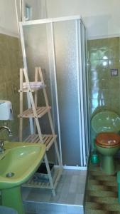 een badkamer met een groene wastafel, een toilet en een douche bij Residenza Monopati Beach Methoni Pierias in Methoni