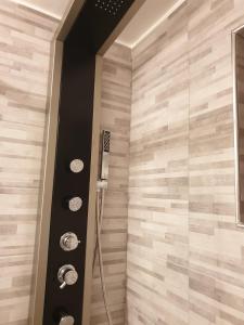 a bathroom with a shower with wooden walls at Matteotti Apartment in Rapallo