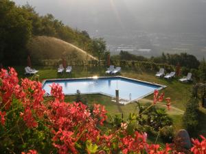 a swimming pool in a yard with chairs and flowers at Kerschbamerhof im Süden Südtirols in Cortaccia
