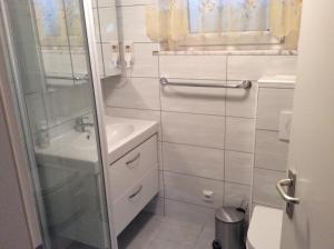bagno con doccia, lavandino e servizi igienici di Wenzel a Roxheim