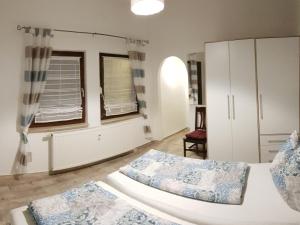 a bedroom with two beds and two windows at Gästezimmer & Ferienwohnungen Thon in Herbsleben