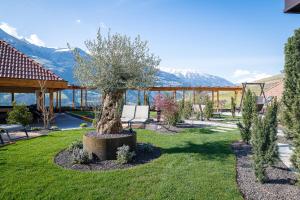 een boom in het midden van een tuin met bergen bij Panorama Hotel Himmelreich in Castelbello