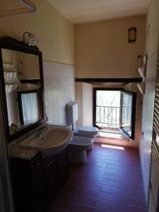 a bathroom with a sink and a toilet and a mirror at Antico Borgo "Costa di Dente" in Castel dʼAiano