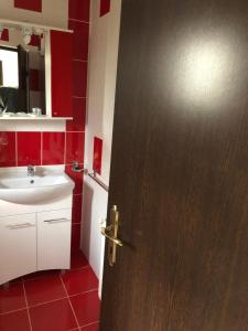 a bathroom with a brown door and a sink at Casa Maria in Bran