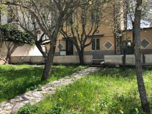 a group of trees in the grass in front of a building at B&B Al San Francesco in Castel di Sangro