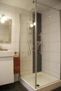 a shower with a glass door in a bathroom at Haase Eck in Bad Hönningen