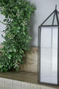 a plant on a table next to a glass lantern at Farmhouse Apartman in Eger