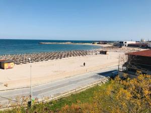a beach with rows of chairs and the ocean at Mariuca Apartament in Mangalia