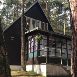 a black house with a porch in the woods at Chata Pod Bílým kamenem in Doksy