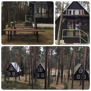 a group of four pictures of a cabin in the woods at Chata Pod Bílým kamenem in Doksy