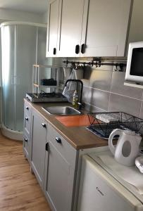 una cucina con armadi bianchi, lavandino e forno a microonde di Castle View Studio a Lubiana