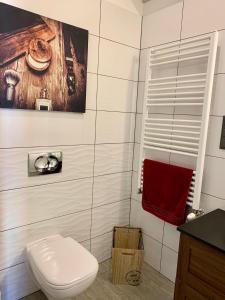 ein Bad mit einem WC und einem roten Handtuch in der Unterkunft Sandra's Lounge in Klagenfurt am Wörthersee