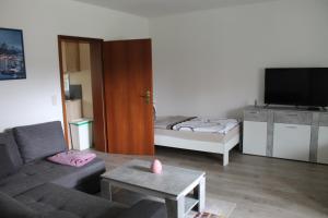 a living room with a couch and a tv at Großer Stein in Gevezin