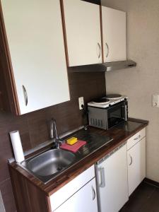 a kitchen with a sink and a microwave at Ruhiges Apartment mit Blick in den Garten in Alsdorf