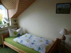 ein Schlafzimmer mit einem Bett in einem Zimmer mit einem Fenster in der Unterkunft Bio Gesundheitshotel Haus Sonnenstein in Salem