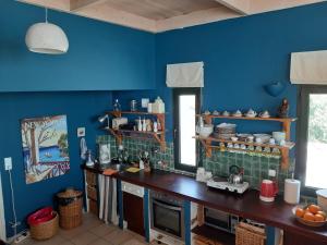 アイギナにあるDream Terraceの青い壁のキッチン(木製カウンタートップ付)