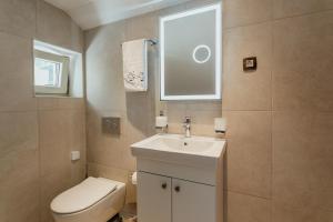 uma casa de banho com um lavatório, um WC e uma janela. em Magnolia apartment em Kotor