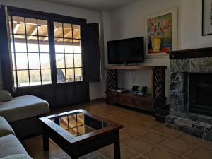 sala de estar con chimenea y TV en Rural Badaguas en Jaca