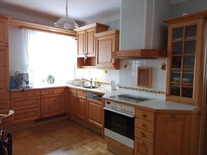 a kitchen with wooden cabinets and a stove top oven at Apartment (3 Gerste) in Hargelsberg
