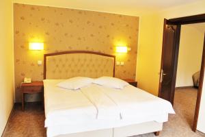 a bedroom with a white bed with two pillows at Hotel Crisalpin in Poiana Brasov
