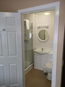 a bathroom with a shower and a toilet and a sink at The Lawton in Blackpool
