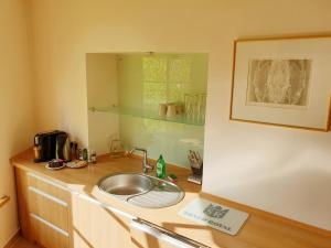 a kitchen with a sink and a counter top at Exceptional Uzupis Bridge 3 bedroom apartment in Vilnius