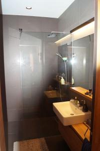 a bathroom with a shower and a sink and a mirror at Mamini's Apartment in Budapest