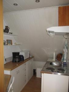 una pequeña cocina con armarios blancos y fregadero en Mönchswalder Blick en Großpostwitz