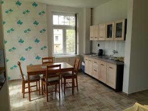 eine Küche mit einem Tisch und Stühlen sowie einem Fenster in der Unterkunft Penzion Jungmannova in Šluknov