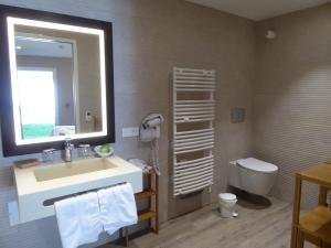 uma casa de banho com um lavatório, um WC e um espelho. em Hôtel Kastell Dinec'h em Minihy-Tréguier