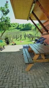 a wooden picnic table and chairs under a pavilion at Gite "Au cerf" in Nothalten