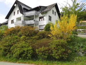 een wit huis met een zwart dak bij Ferienwohnung Bäumner in Bad Berleburg