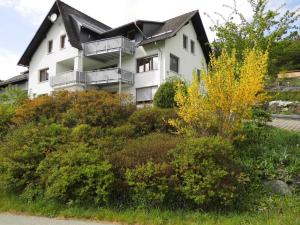 ein weißes Haus mit schwarzem Dach in der Unterkunft Ferienwohnung Bäumner in Bad Berleburg