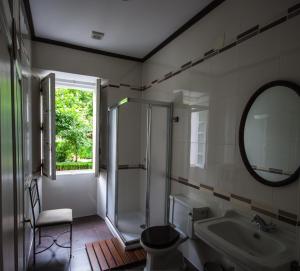 W łazience znajduje się prysznic, umywalka i lustro. w obiekcie CASA PELTRE w mieście Sarria