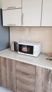 a microwave sitting on a counter in a kitchen at Tbilisi Sea Dream Apartment in Tbilisi City
