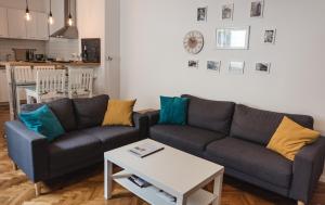 ein Wohnzimmer mit einem Sofa und einem Tisch in der Unterkunft Oldies Apartment in Sibiu