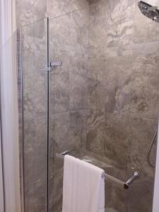 a shower with a glass door with a towel at Chestnut Lane Bed and Breakfast in Hunter River