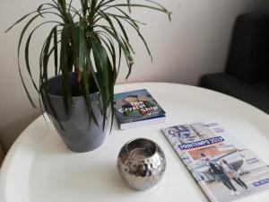 une table blanche avec une plante en pot et un magazine dans l'établissement appartement oostende vlak bij zee, à Ostende